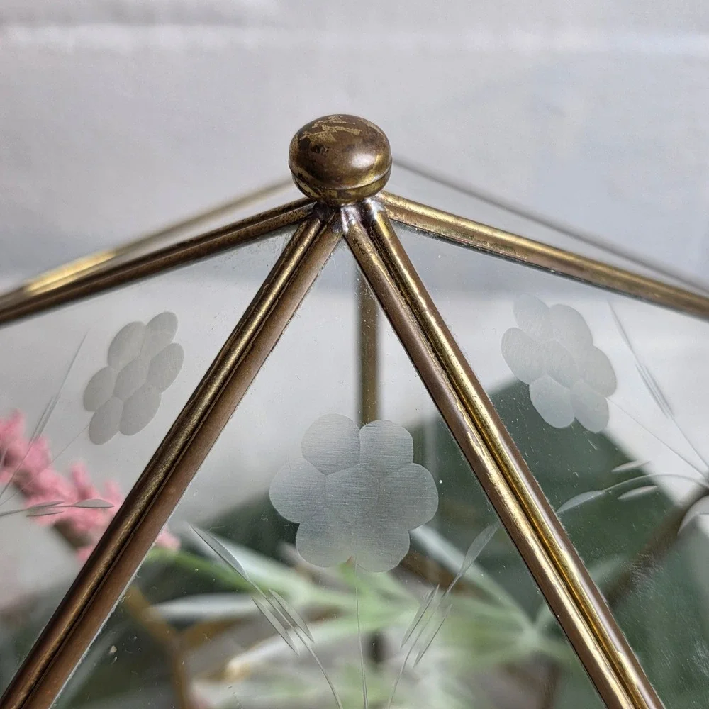 Vintage Brass Etched Glass Geometric Trinket Box Terrarium Mirrored Floral